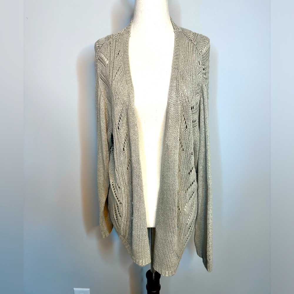 Sz L Knox Rose taupe grey open front knit lightweight cardigan sweater